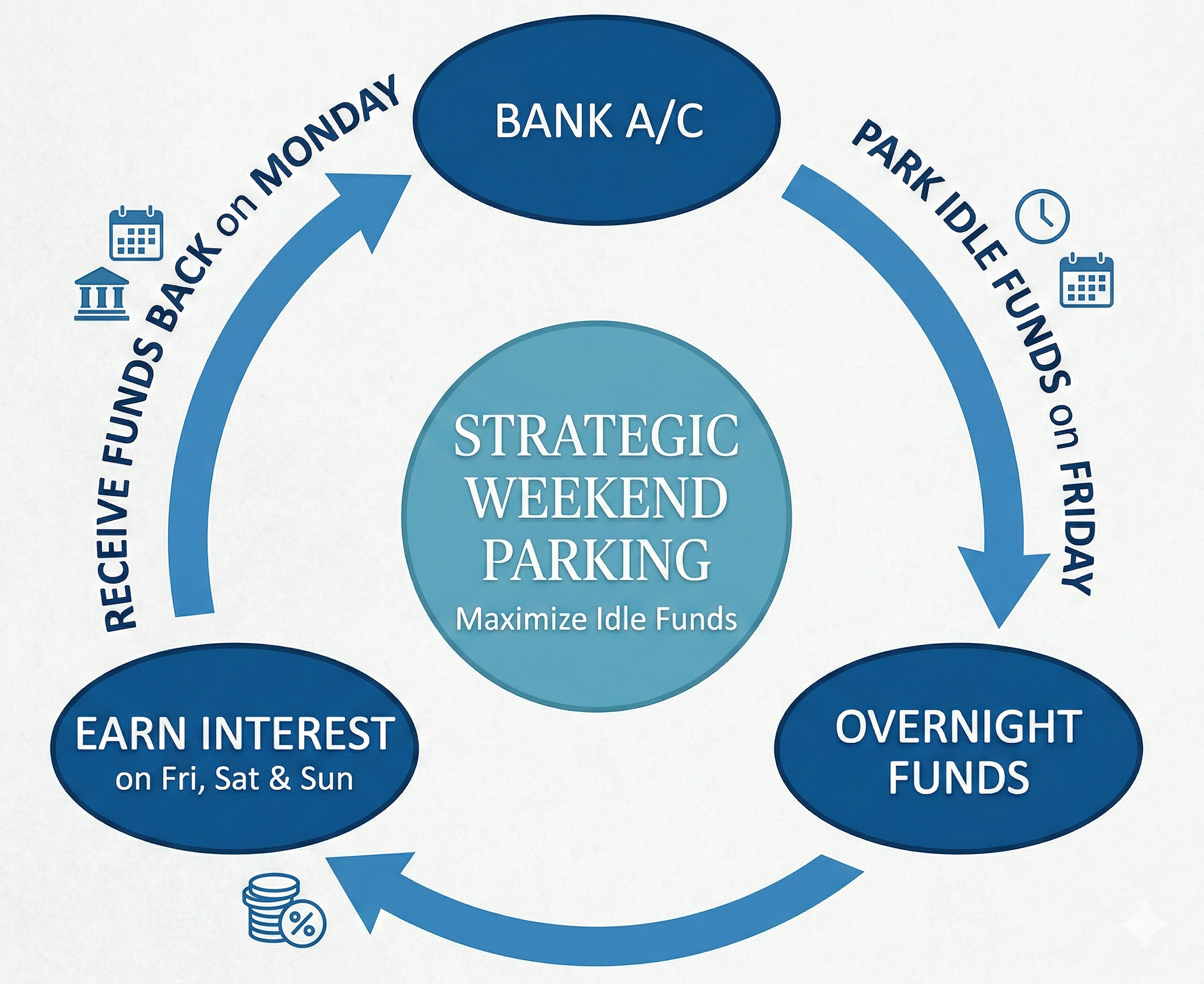 Strategic Weekend Parking – park idle funds Friday, earn interest in overnight funds over Fri–Sun, receive funds back Monday