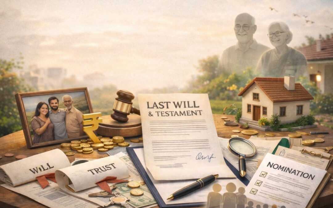 Estate planning essentials: Last Will & Testament, Trust, Nomination documents with family, wealth, and property symbols